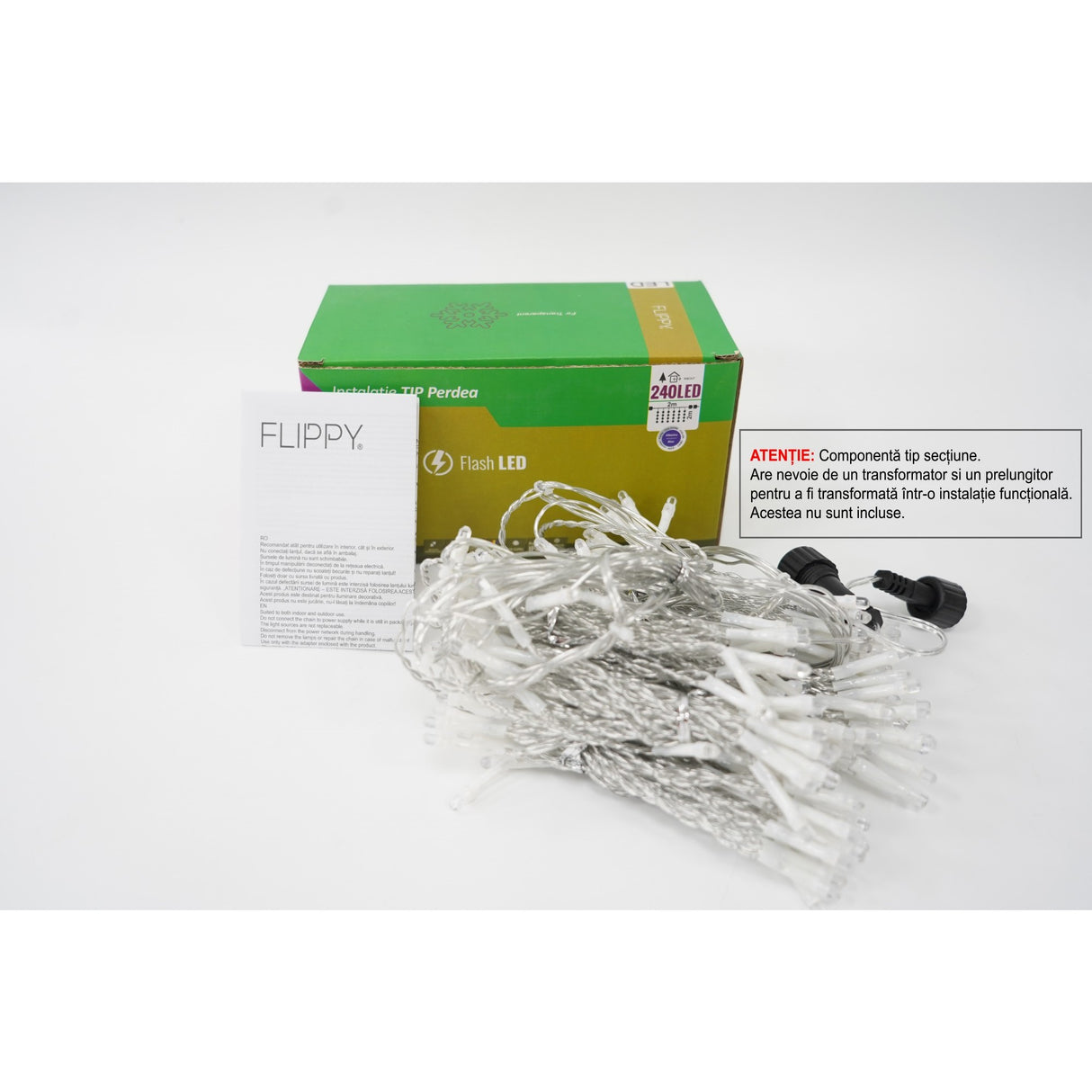 Instalație perdea Crăciun Flippy, 240 LED-uri albastre, 2x2 m, efect flash, fir transparent, vedere frontală