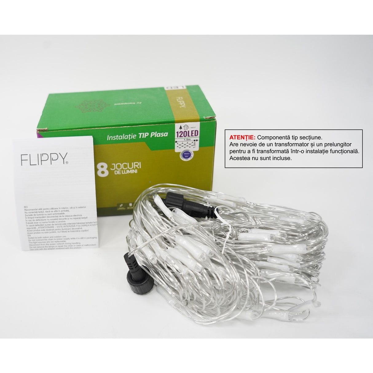 Instalație de Crăciun tip plasă Flippy, 120 LED-uri albastre, 1,5 x 1,5 m, vedere frontală