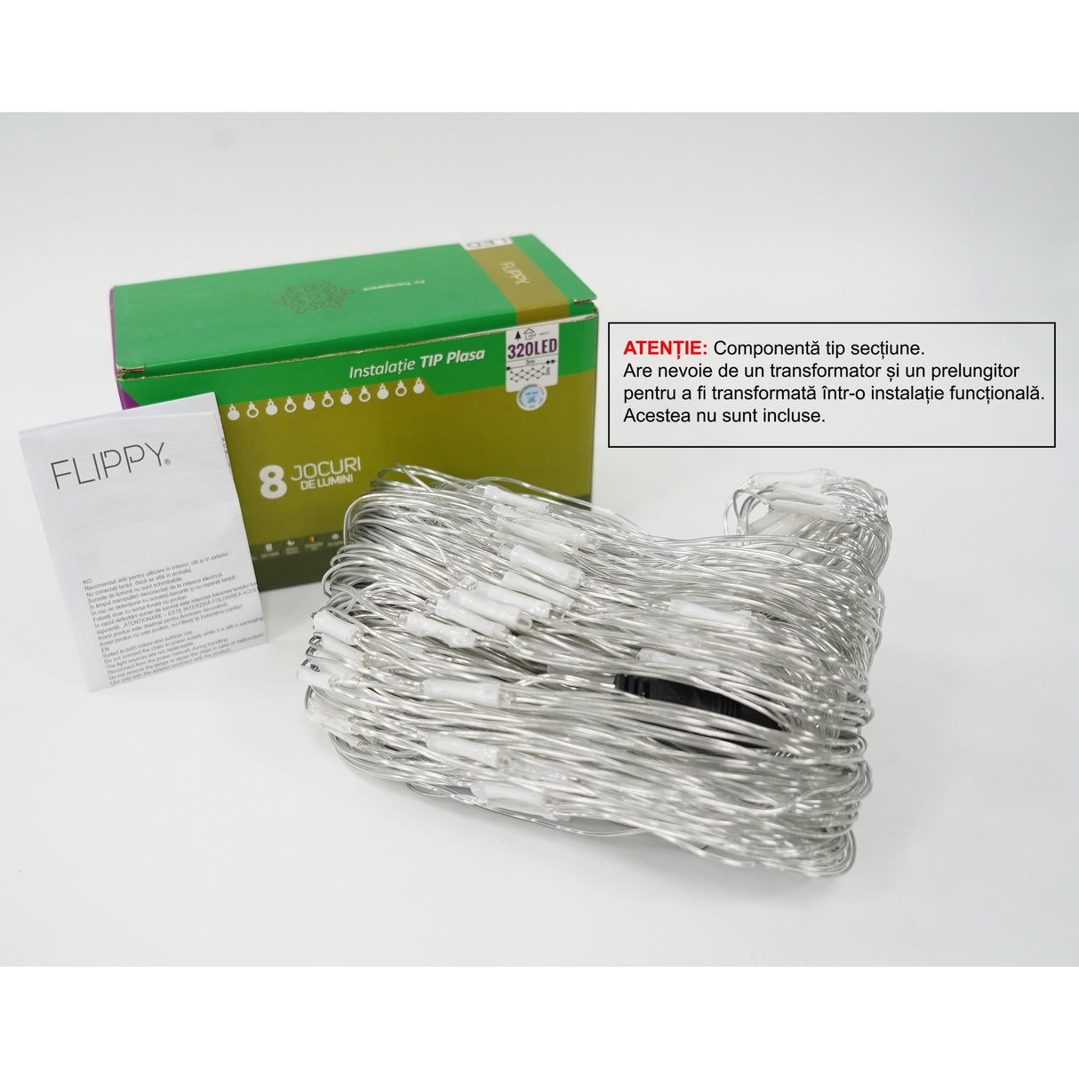 Instalație Crăciun tip plasă Flippy 320 LED-uri alb rece 3x3 m, vedere frontală completă