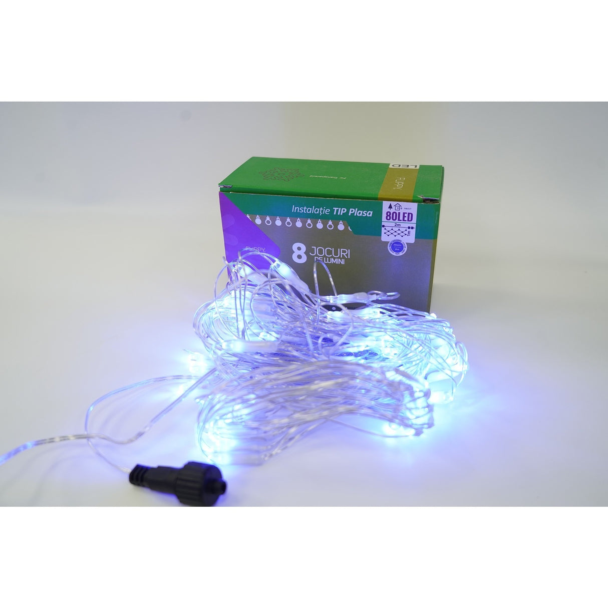 Sectiune Instalatie de Craciun Flippy, Tip Plasa, 80 LED-uri, 2 m x 1 m, 8 jocuri de lumini, Interconectabila, Fir transparent, Albastru - vivimall.ro