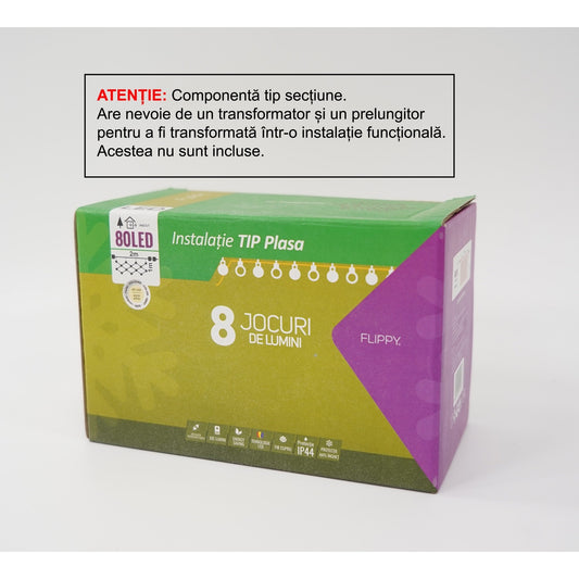 Sectiune Instalatie de Craciun Vivimall, Tip Plasa, 80 LED-uri, 2 m x 1 m, 8 jocuri de lumini, Interconectabila, Fir transparent, Alb cald - vivimall.ro