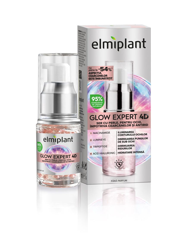 Ser cu perle pentru ochi Elmiplant Glow Expert 4D, 15 ml, cu niacinamidă și bakuchiol, vedere frontală flacon