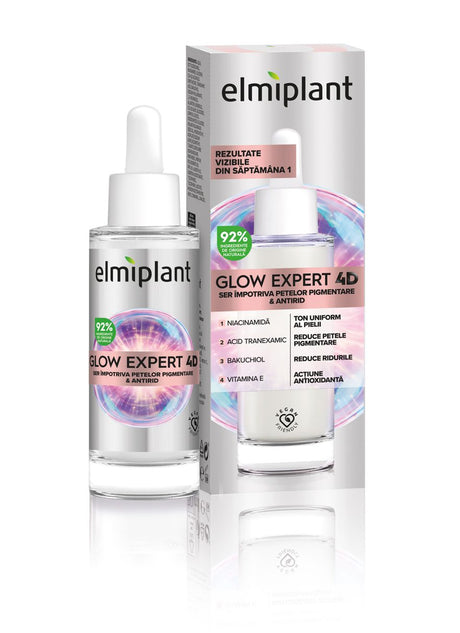 Ser Pentru Fata, Elmiplant, Glow Expert 4D Impotriva Petelor Pigmentare si Antirid, cu Niacinamida si Bakuchiol, 30 ml - vivimall.ro