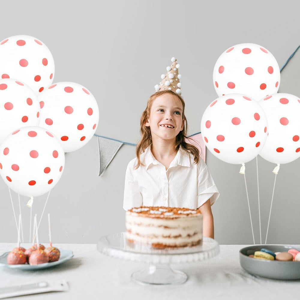 Set 10 Baloane din Latex, Vivimall, Model Party cu Buline, 30 cm, Alb si Rosu, 2.8 g - vivimall.ro