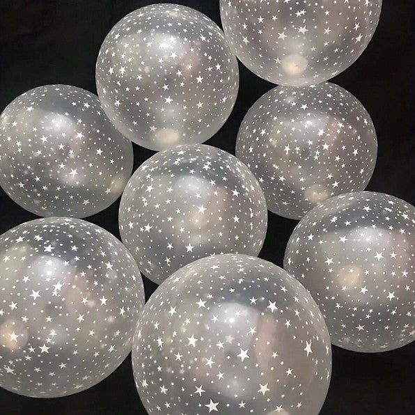 Set 10 Baloane din Latex Transparente, Vivimall, Model Party, 30 cm, Stelute Albe, 2.8 g - vivimall.ro