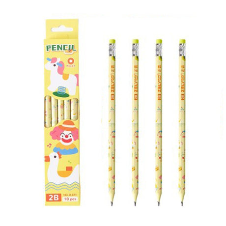 Set 10 Creioane Negre, Vivimall, 2B, pentru Elevi Scoala, cu Radiera, Model Galben cu Circ - vivimall.ro