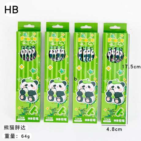 Set 12 Creioane Negre, Vivimall, 2B, pentru Elevi Scoala, cu Radiera, Model Verde cu Panda - vivimall.ro