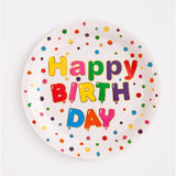 Set 10 Farfurii Unica Folosinta, Vivimall, Imprimeu Happy Birthday, din Carton, Diametru 23 cm, Multicolor - vivimall.ro