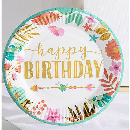 Set 10 Farfurii Unica Folosinta, Vivimall, Imprimeu Happy Birthday Frunze, din Carton, Diametru 18 cm, Multicolor - vivimall.ro