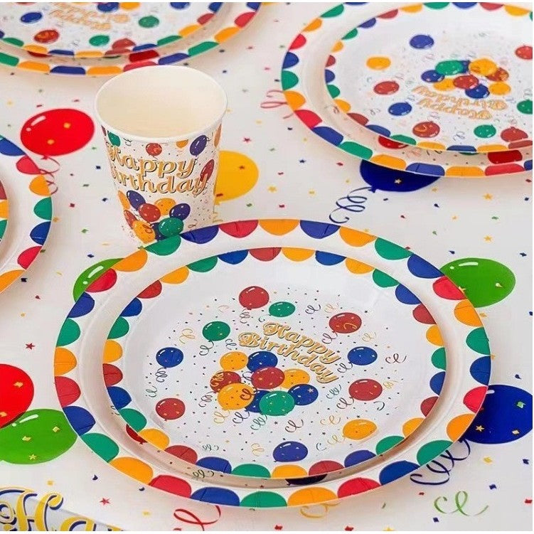 Set 10 Farfurii de Unica Folosinta, Vivimall, din Carton, 23 cm, Model Happy Birthday, Multicolor - vivimall.ro