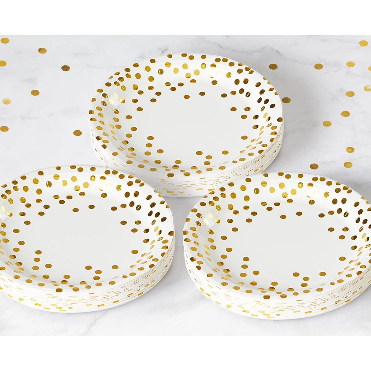 Set 10 Farfurii Unica Folosinta, Vivimall, Imprimeu cu Buline, din Carton, Diametru 18 cm, Alb/Auriu - vivimall.ro