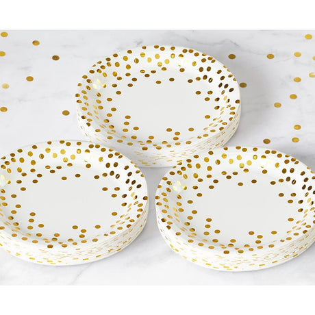 Set 10 Farfurii Unica Folosinta, Vivimall, Imprimeu cu Buline, din Carton, Diametru 18 cm, Alb/Auriu - vivimall.ro