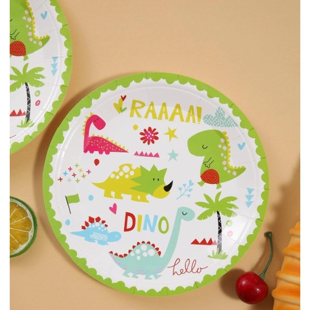 Set 10 Farfurii Petrecere, Vivimall, Colectia Dino Park, 17 cm Diametru, din Carton, Multicolor - vivimall.ro