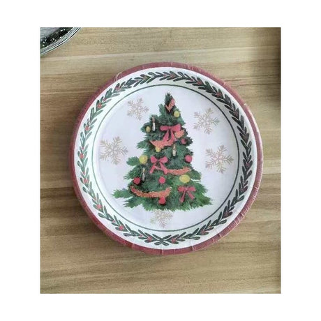 Set 10 Farfurii Unica Folosinta, Vivimall, 23 cm, Model Brad de Craciun, Multicolor - vivimall.ro