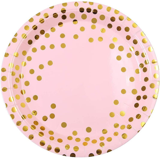 Set 10 Farfurii Unica Folosinta, Vivimall, Imprimeu cu Buline, din Carton, Diametru 18 cm, Roz/Auriu - vivimall.ro