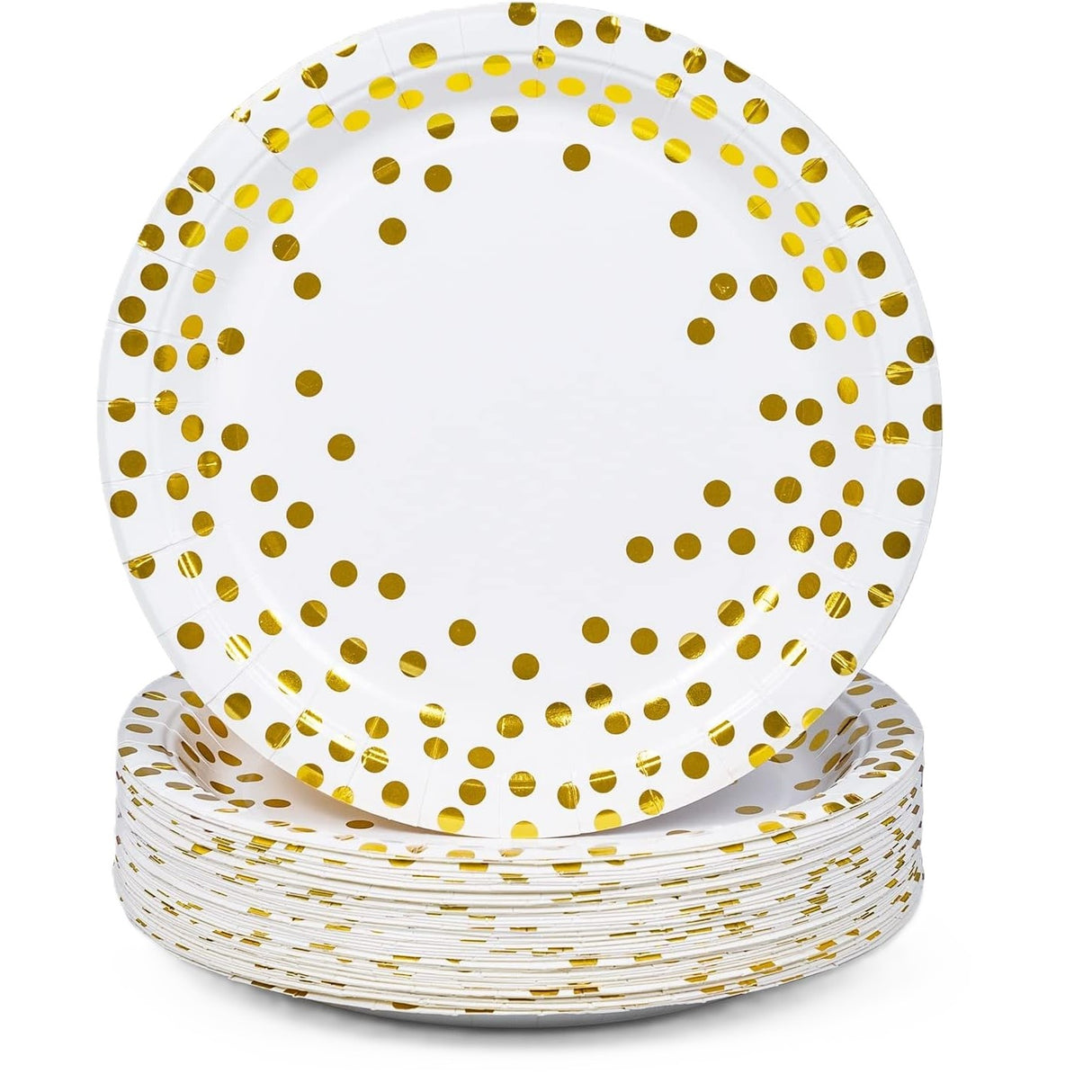 Set 10 Farfurii Unica Folosinta, Vivimall, Imprimeu cu Buline, din Carton, Diametru 23 cm, Alb/Auriu - vivimall.ro