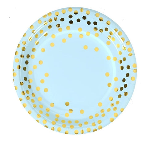 Set 10 Farfurii Unica Folosinta, Vivimall, Imprimeu cu Buline, din Carton, Diametru 23 cm, Albastru/Auriu - vivimall.ro