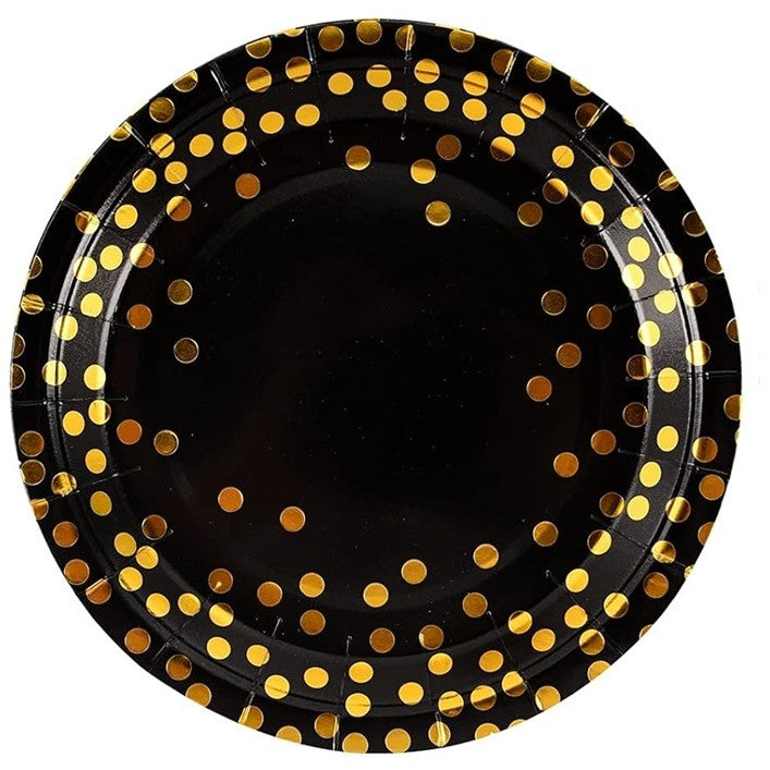 Set 10 Farfurii Unica Folosinta, Vivimall, Imprimeu cu Buline, din Carton, Diametru 23 cm, Negru/Auriu - vivimall.ro