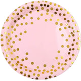 Set 10 Farfurii Unica Folosinta, Vivimall, Imprimeu cu Buline, din Carton, Diametru 23 cm, Roz/Auriu - vivimall.ro