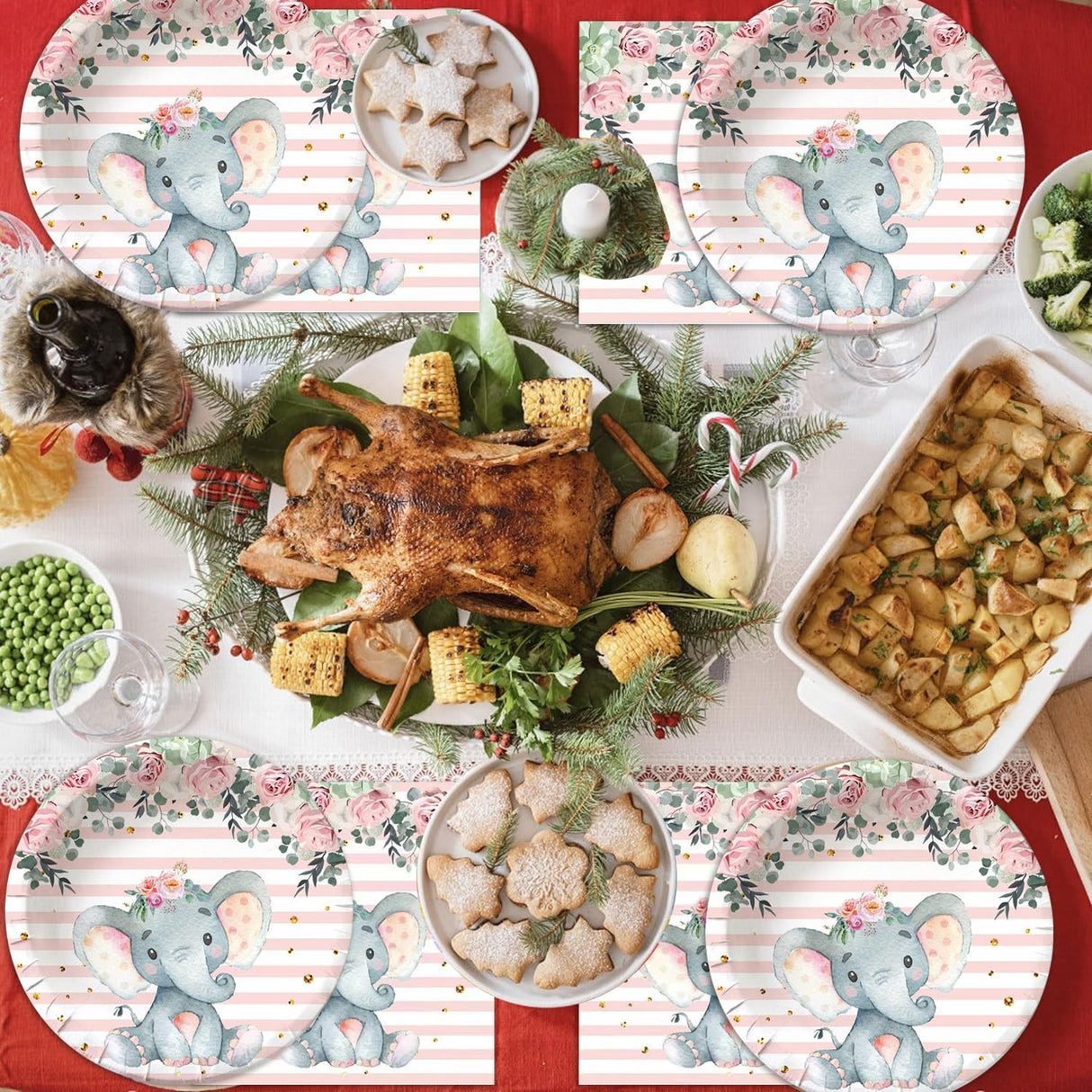 Set 10 Farfurii Unica Folosinta, Vivimall, Imprimeu Elefant, din Carton, 17 cm, Roz - vivimall.ro