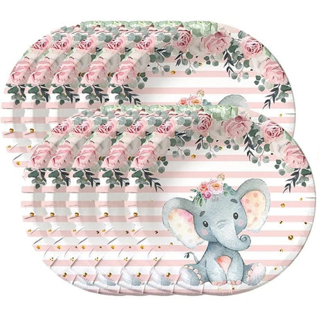 Set 10 Farfurii Unica Folosinta, Vivimall, Imprimeu Elefant, din Carton, 22 cm, Roz - vivimall.ro