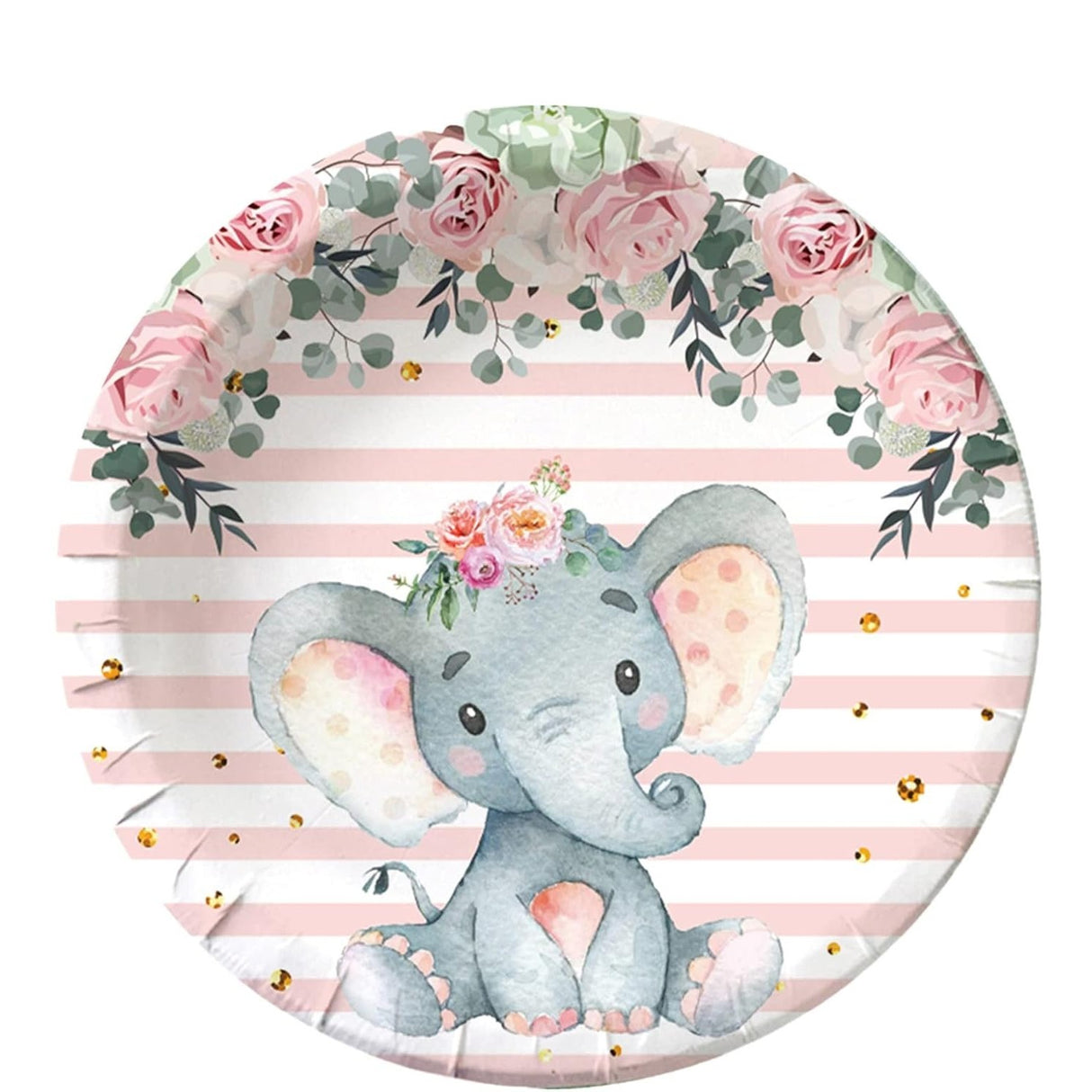 Set 10 Farfurii Unica Folosinta, Vivimall, Imprimeu Elefant, din Carton, 22 cm, Roz - vivimall.ro