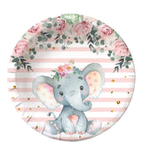 Set 10 Farfurii Unica Folosinta, Vivimall, Imprimeu Elefant, din Carton, 22 cm, Roz - vivimall.ro