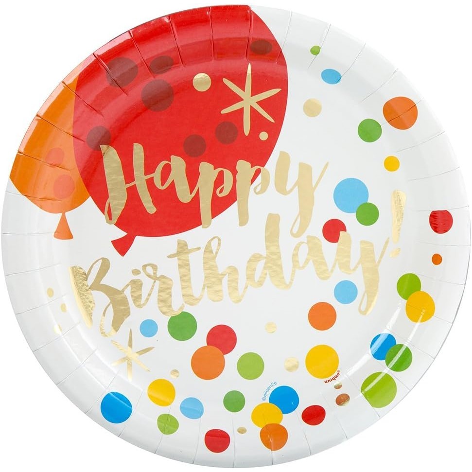 Set 10 Farfurii Unica Folosinta, Vivimall, Imprimeu Happy Birthday Buline, din Carton, Diametru 18 cm, Multicolor - vivimall.ro