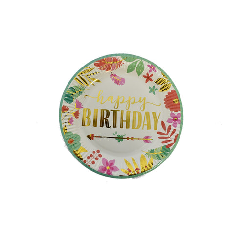 Set 10 Farfurii Unica Folosinta, Vivimall, Imprimeu Happy Birthday Frunze, din Carton, Diametru 18 cm, Multicolor - vivimall.ro