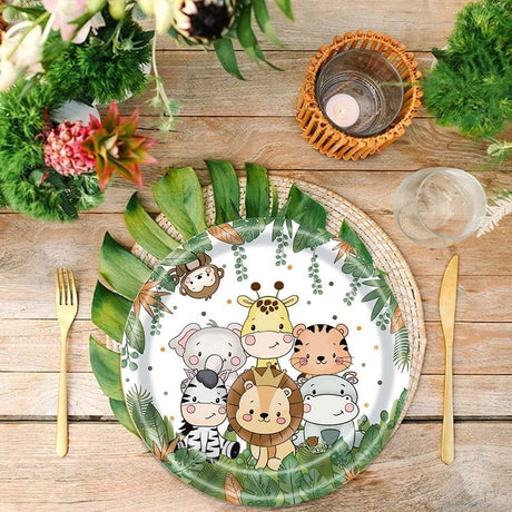Set 10 Farfurii Unica Folosinta, Vivimall, Imprimeu Jungle, din Carton, 22 cm, Verde - vivimall.ro