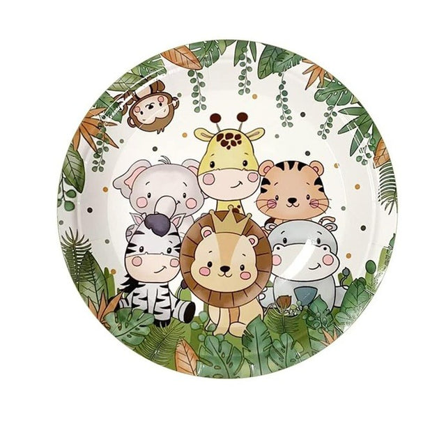 Set 10 Farfurii Unica Folosinta, Vivimall, Imprimeu Jungle, din Carton, 22 cm, Verde - vivimall.ro