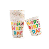 Set 10 Pahare, Vivimall, Imprimeu Happy Birthday, din Carton, 250 ml, 7.5 x 8.5 cm, Multicolor - vivimall.ro