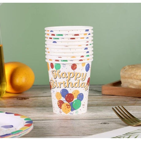 Set 10 Pahare, Vivimall, Imprimeu Happy Birthday, Baloane din Carton, 230 ml, 7.5 x 8.6 cm, Multicolor - vivimall.ro