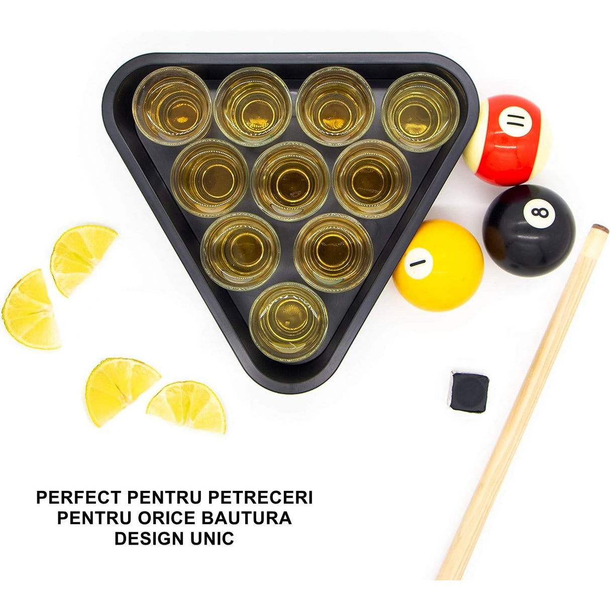 Set 10 pahare de shot Vivimall, cu Suport de Biliard, 30 ml, din sticla, 10 x 10 cm, multicolor - vivimall.ro