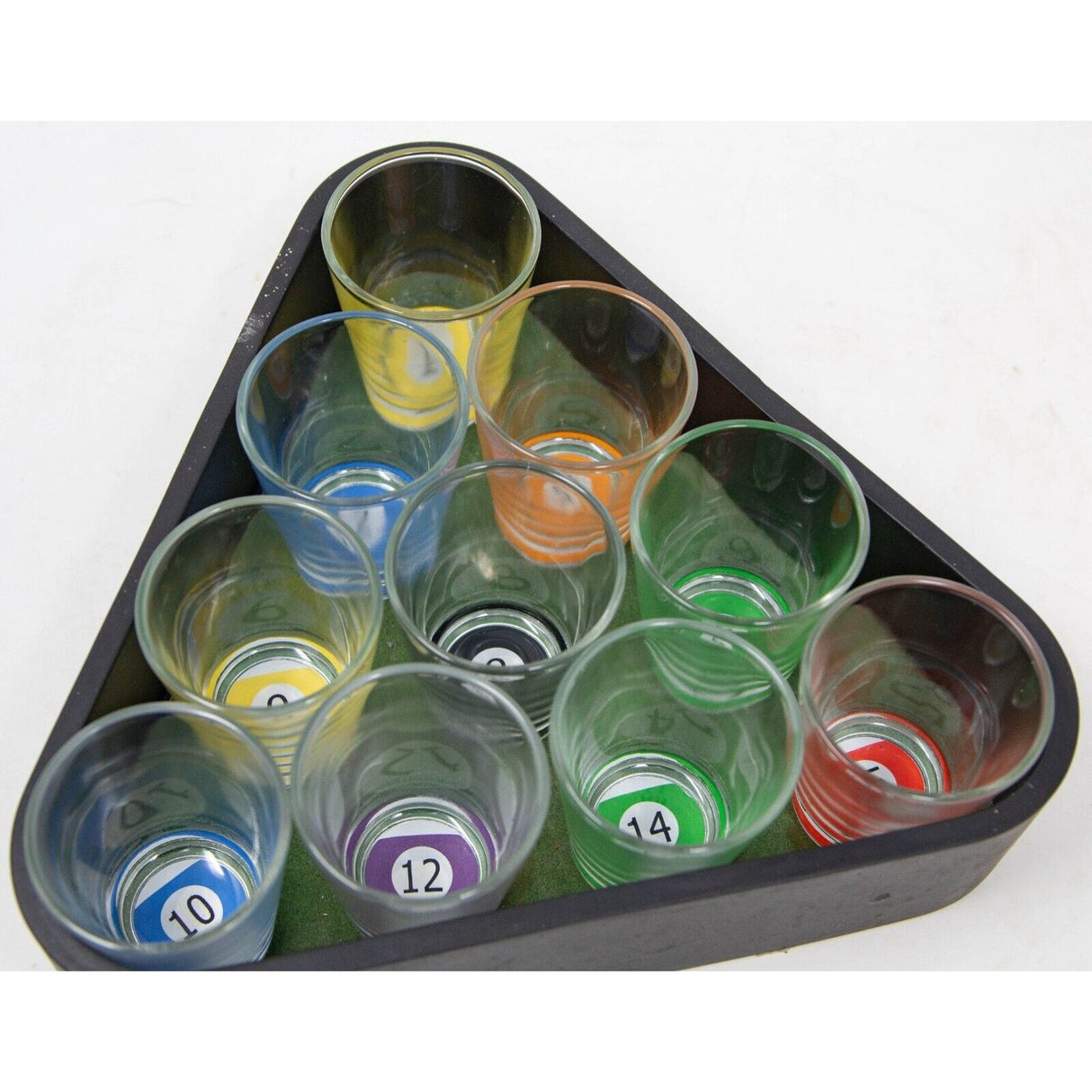 Set 10 pahare de shot Vivimall, cu Suport de Biliard, 30 ml, din sticla, 10 x 10 cm, multicolor - vivimall.ro