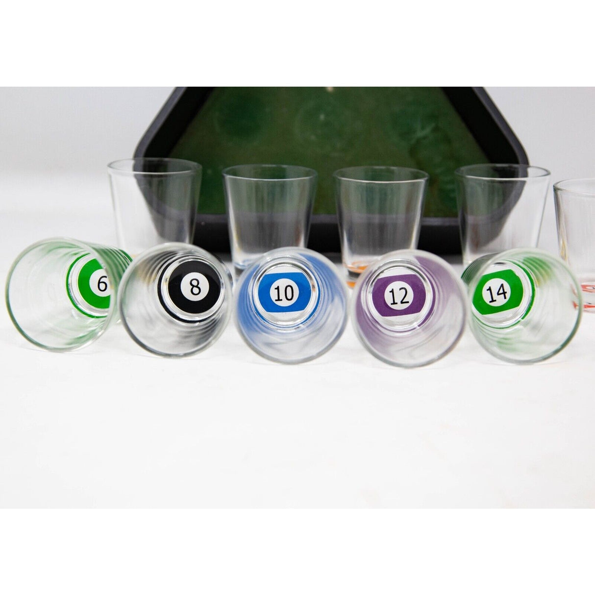 Set 10 pahare de shot Vivimall, cu Suport de Biliard, 30 ml, din sticla, 10 x 10 cm, multicolor - vivimall.ro