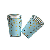 Set 10 Pahare, Vivimall, Imprimeu cu Buline, din Carton, 250 ml, 7.5 x 8.5 x 5.2 cm, Albastru/Auriu - vivimall.ro