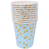 Set 10 Pahare, Vivimall, Imprimeu cu Buline, din Carton, 250 ml, 7.5 x 8.5 x 5.2 cm, Albastru/Auriu - vivimall.ro