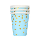 Set 10 Pahare, Vivimall, Imprimeu cu Buline, din Carton, 250 ml, 7.5 x 8.5 x 5.2 cm, Albastru/Auriu - vivimall.ro