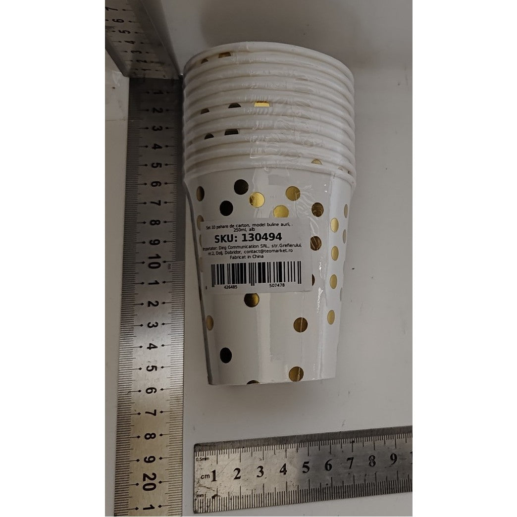 Set 10 Pahare, Vivimall, Imprimeu cu Buline, din Carton, 250 ml, 7.5 x 8.5 x 5.2 cm, Auriu - vivimall.ro