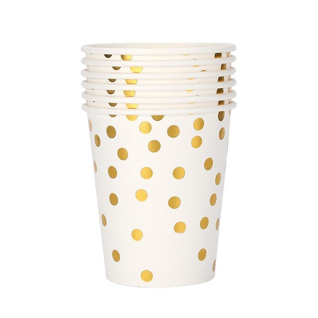 Set 10 Pahare, Vivimall, Imprimeu cu Buline, din Carton, 250 ml, 7.5 x 8.5 x 5.2 cm, Auriu - vivimall.ro