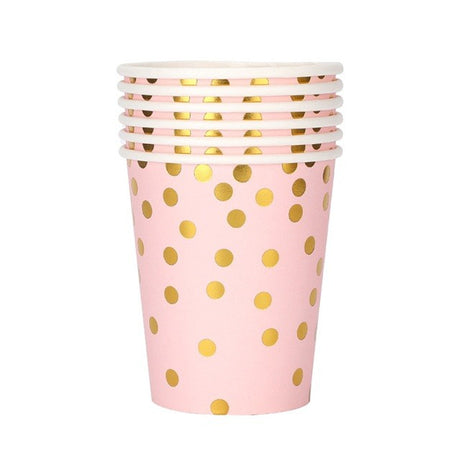 Set 10 Pahare, Vivimall, Imprimeu cu Buline, din Carton, 250 ml, 7.5 x 8.5 x 5.2 cm, Roz/Auriu - vivimall.ro