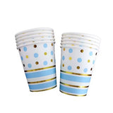 Set 10 Pahare, Vivimall, Imprimeu cu Buline si Dungi, din Carton, 250 ml, 7.5 x 8.5 x 5.2 cm, Albastru/Auriu - vivimall.ro