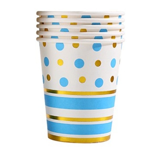 Set 10 Pahare, Vivimall, Imprimeu cu Buline si Dungi, din Carton, 250 ml, 7.5 x 8.5 x 5.2 cm, Albastru/Auriu - vivimall.ro