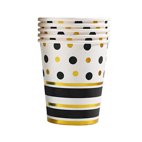 Set 10 Pahare, Vivimall, Imprimeu cu Buline si Dungi, din Carton, 250 ml, 7.5 x 8.5 x 5.2 cm, Negru/Auriu - vivimall.ro