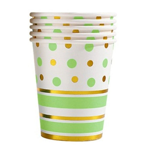 Set 10 Pahare, Vivimall, Imprimeu cu Buline si Dungi, din Carton, 250 ml, 7.5 x 8.5 x 5.2 cm, Verde/Auriu - vivimall.ro