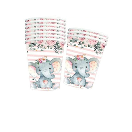 Set 10 Pahare, Vivimall, Imprimeu Elefant, din Carton, 7.5 x 8.5 cm, Roz - vivimall.ro