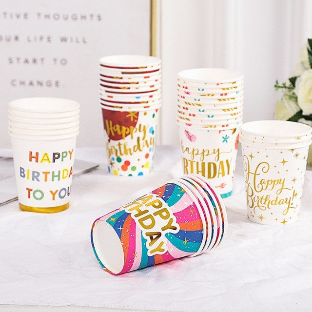 Set 10 Pahare, Vivimall, Imprimeu Happy Birthday Baloane, din Carton, 250 ml, 7.5 x 8.5 x 5.2 cm, Multicolor - vivimall.ro