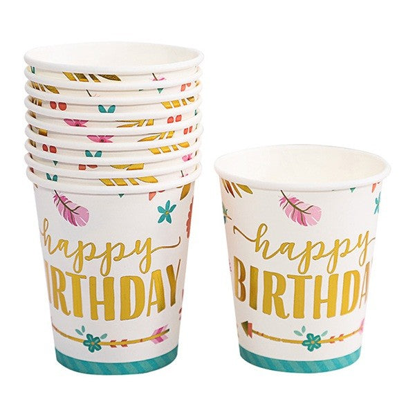 Set 10 Pahare, Vivimall, Imprimeu Happy Birthday Gold, din Carton, 250 ml, 7.5 x 8.5 x 5.2 cm, Multicolor - vivimall.ro