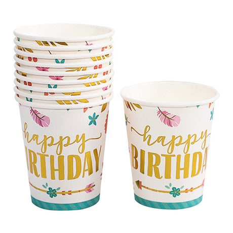 Set 10 Pahare, Vivimall, Imprimeu Happy Birthday Gold, din Carton, 250 ml, 7.5 x 8.5 x 5.2 cm, Multicolor - vivimall.ro